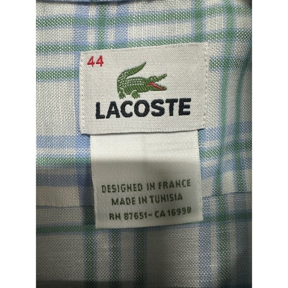 Lacoste Size 44 Men's Casual Shirt Plaid Check Long Sleeve Authentic Blue White - Picture 3 of 5